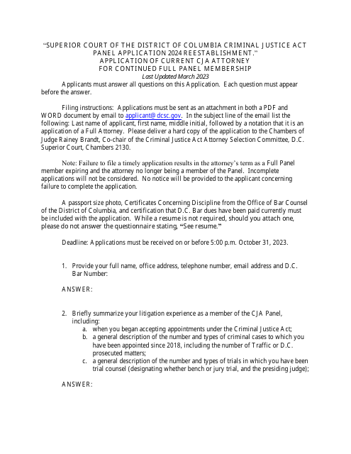 Application of Current Cja Attorney for Continued Full Panel Membership - Washington, D.C., 2024