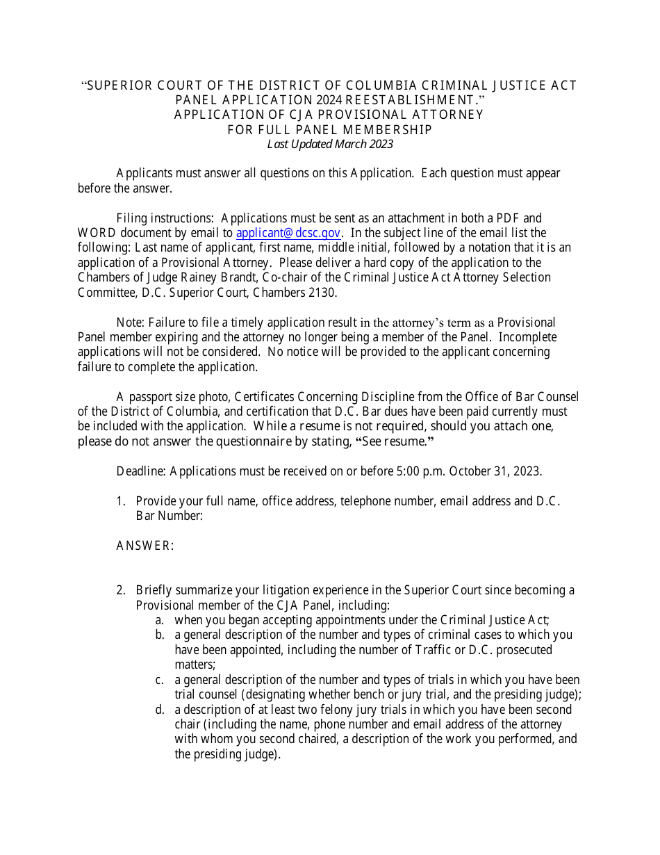Application of Cja Provisional Attorney for Full Panel Membership - Washington, D.C., Page 1