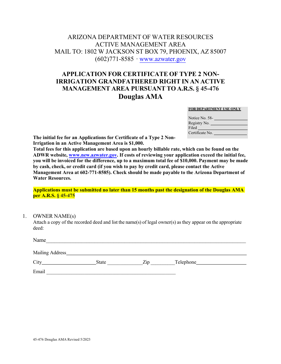 Form 45-476 Application for Certificate of Type 2 Nonirrigation Grandfathered Right in an Active Management Area Pursuant to a.r.s. 45-476 - Douglas Ama - Arizona, Page 1