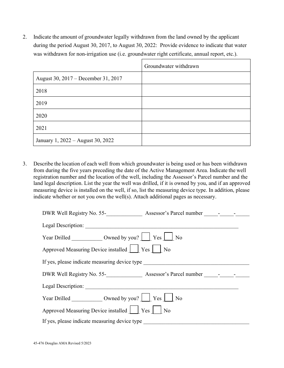 Form 45-476 Application for Certificate of Type 2 Nonirrigation Grandfathered Right in an Active Management Area Pursuant to a.r.s. 45-476 - Douglas Ama - Arizona, Page 2