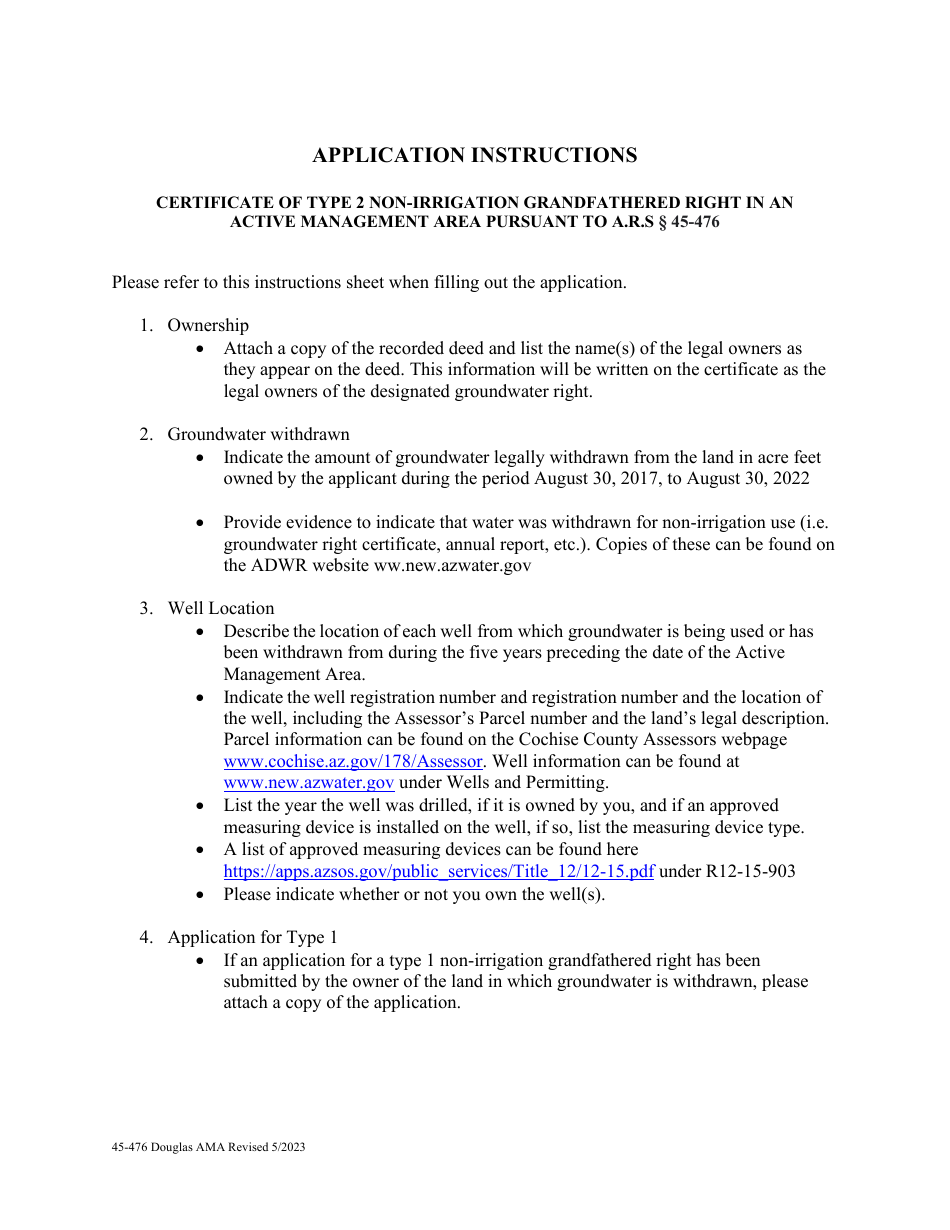 Form 45-476 Application for Certificate of Type 2 Nonirrigation Grandfathered Right in an Active Management Area Pursuant to a.r.s. 45-476 - Douglas Ama - Arizona, Page 4