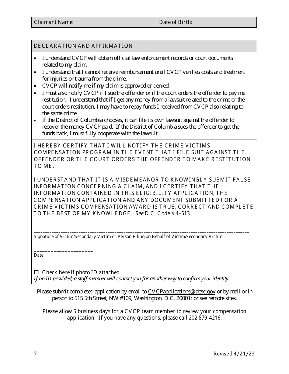 Crime Victims Compensation Program (Cvcp) Application - Washington, D.C., Page 7