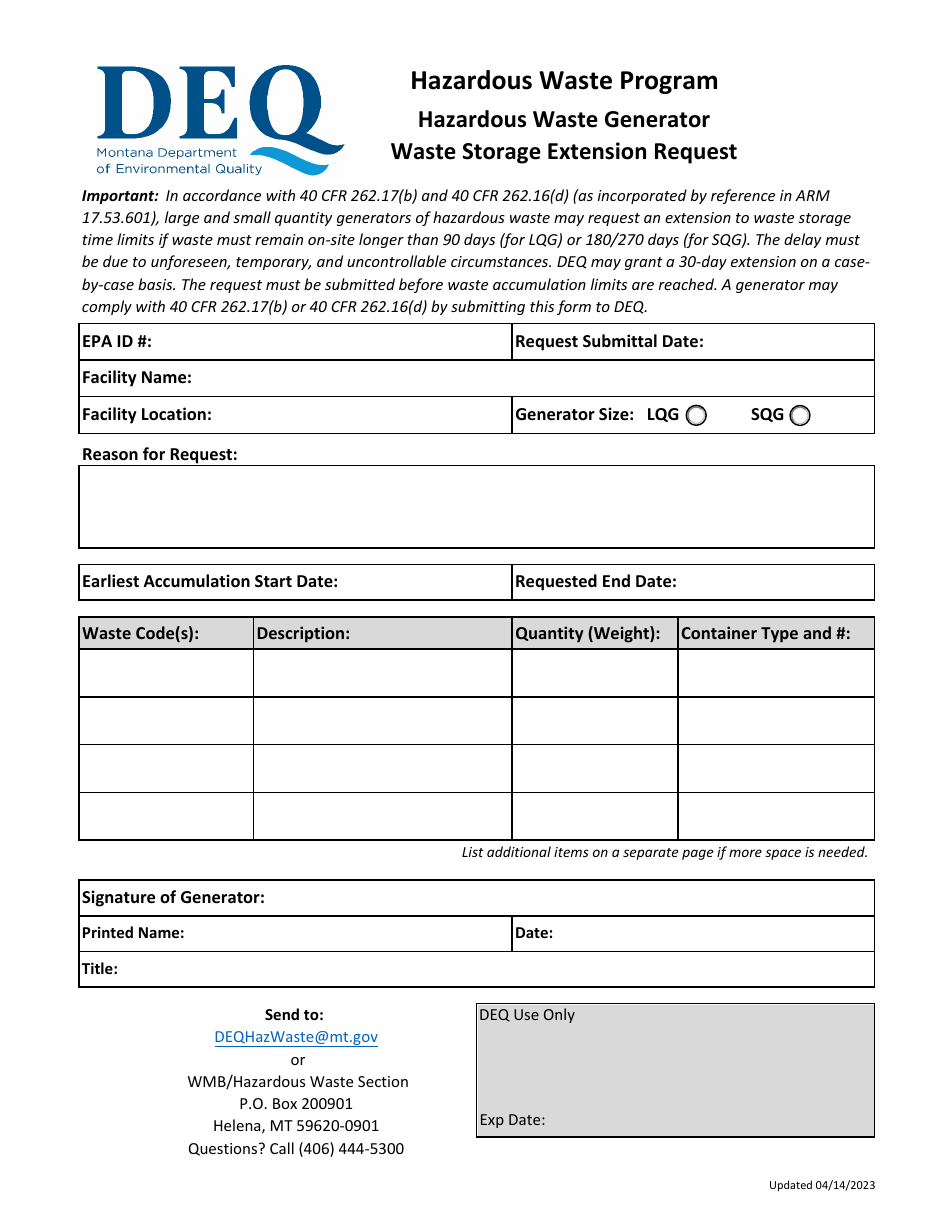 Montana Hazardous Waste Generator Waste Storage Extension Request