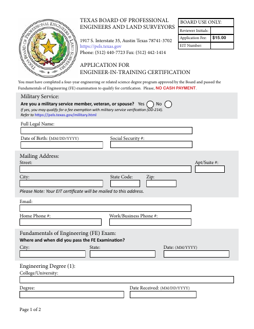 Application for Engineer-In-training Certification - Texas Download Pdf