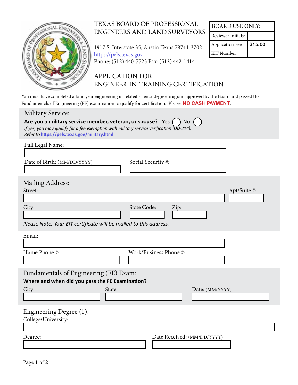 Application for Engineer-In-training Certification - Texas, Page 1