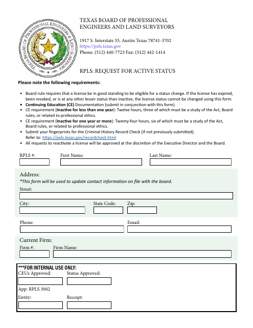Rpls: Request for Active Status - Texas Download Pdf