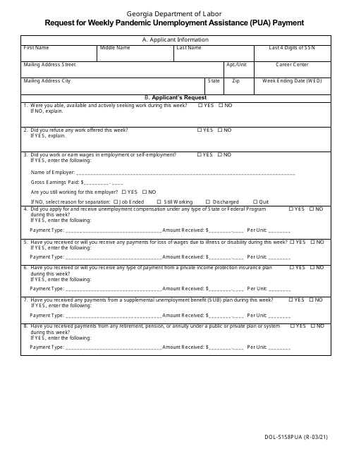 Form DOL-5158PUA Request for Weekly Pandemic Unemployment Assistance (Pua) Payment - Georgia (United States)