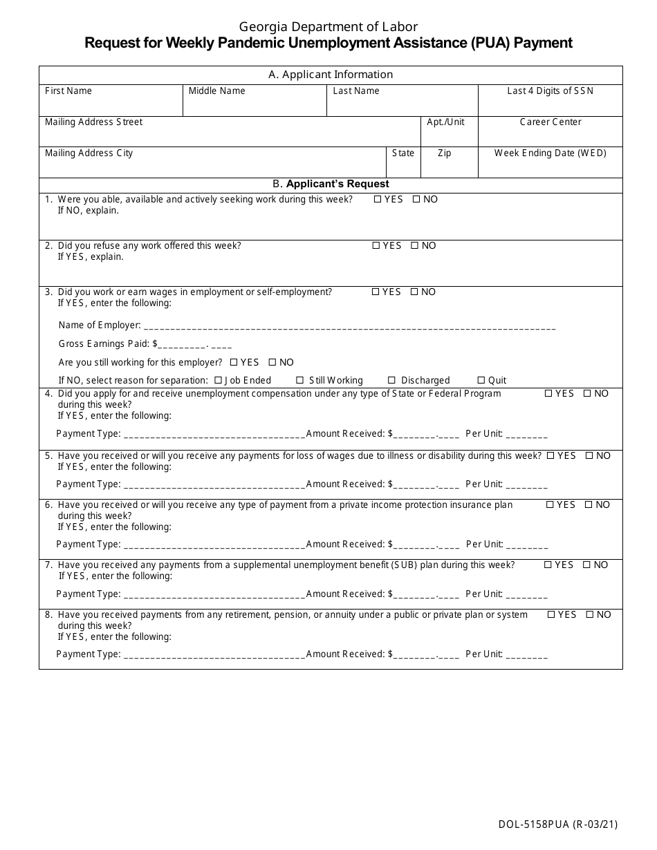 Form DOL-5158PUA Request for Weekly Pandemic Unemployment Assistance (Pua) Payment - Georgia (United States), Page 1
