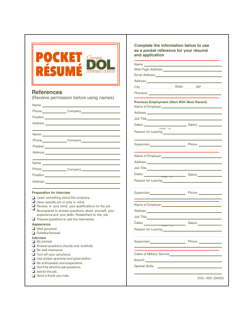 Form DOL-1691 Pocket Resume - Georgia (United States)
