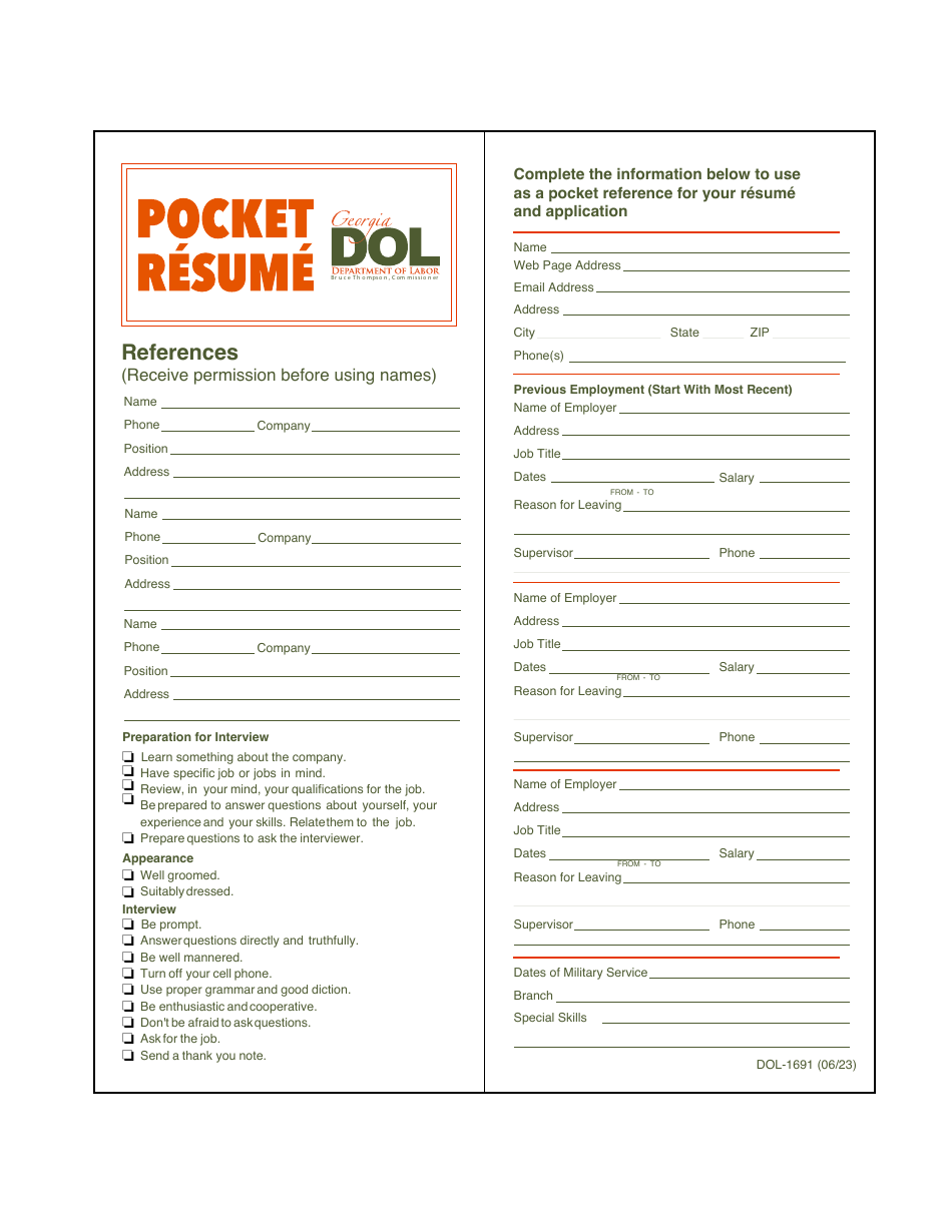 Form DOL-1691 Pocket Resume - Georgia (United States), Page 1