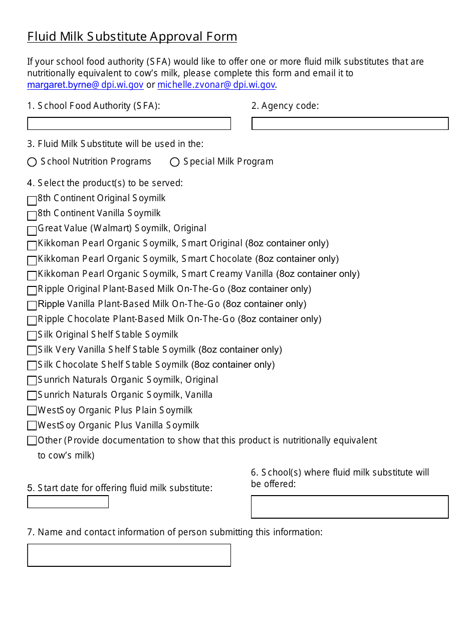 Fluid Milk Substitute Approval Form - Wisconsin, Page 1