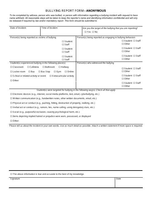 Bullying Report Form - Anonymous - Wisconsin Download Pdf