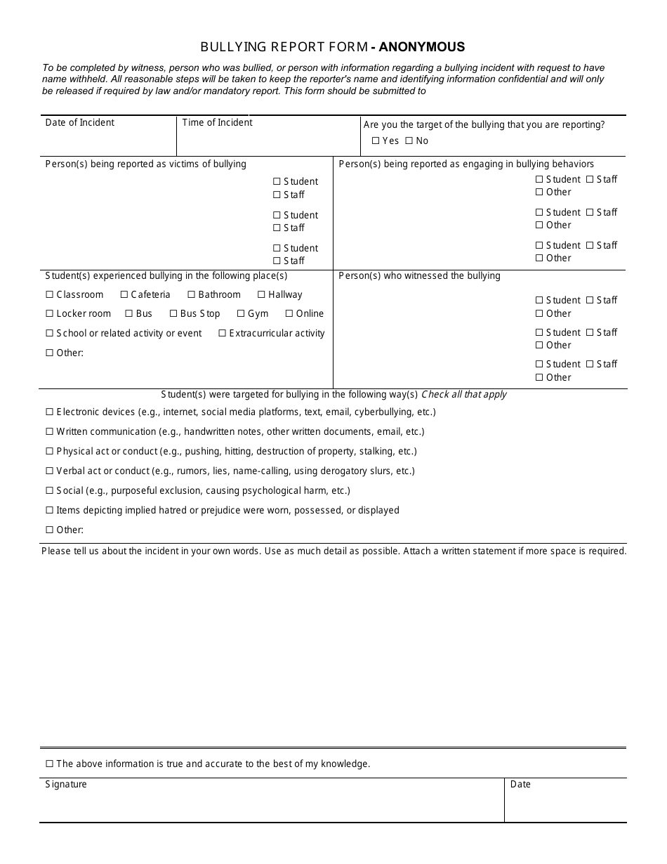 Bullying Report Form - Anonymous - Wisconsin, Page 1