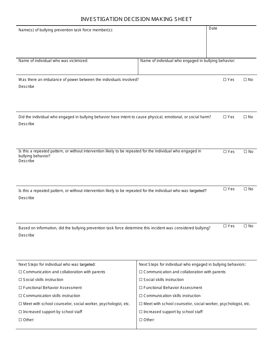 Investigation Decision Making Sheet - Wisconsin, Page 1