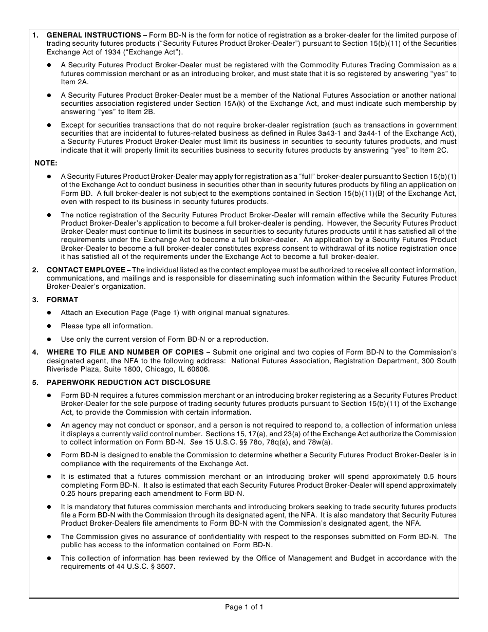 Form BD-N (SEC Form 1500) Form for Notice of Registration as a Broker-Dealer for the Purpose of Trading Security Futures Products Pursuant to Section 15(B)(11) of the Securities Exchange Act of 1934, Page 2