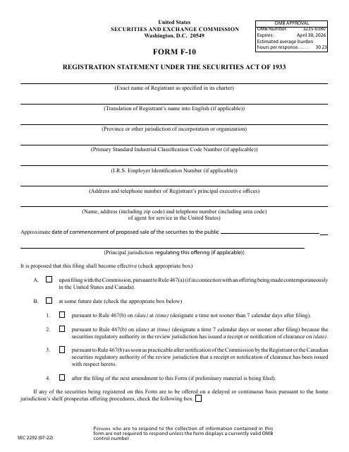 Form F-10 (SEC Form 2292)  Printable Pdf