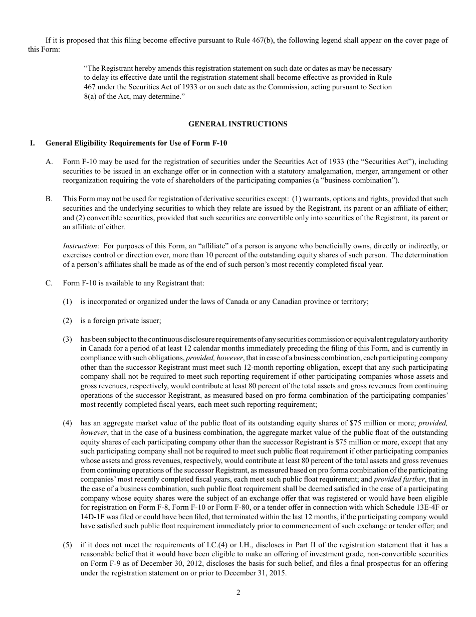 Form F-10 (SEC Form 2292) Registration Statement Under the Securities Act of 1933, Page 2
