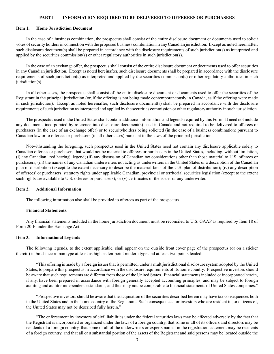 Form F-10 (SEC Form 2292) Registration Statement Under the Securities Act of 1933, Page 7