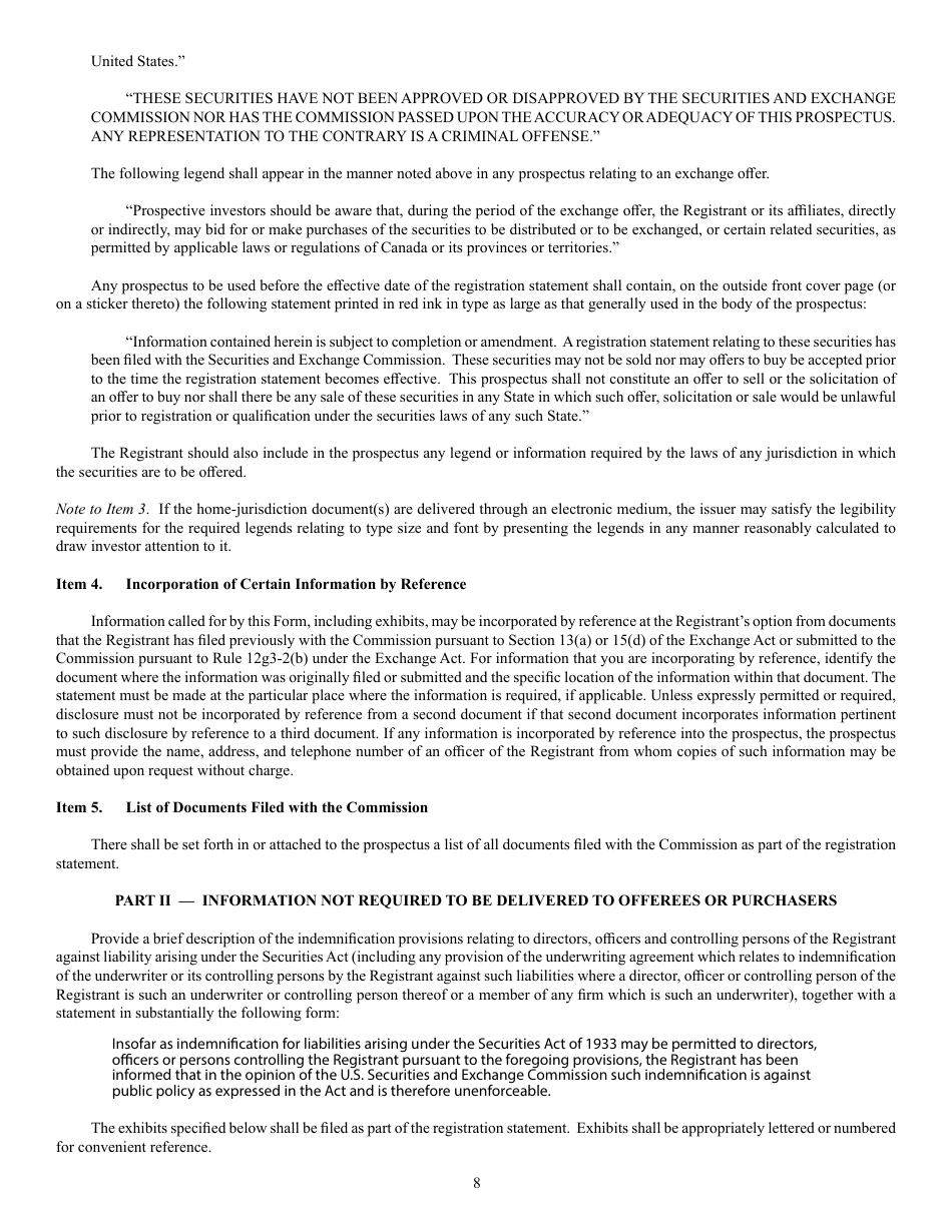 Form F-10 (SEC Form 2292) Registration Statement Under the Securities Act of 1933, Page 8