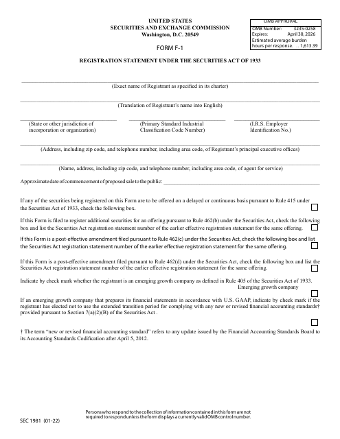 Form F-1 (SEC Form 1981)  Printable Pdf