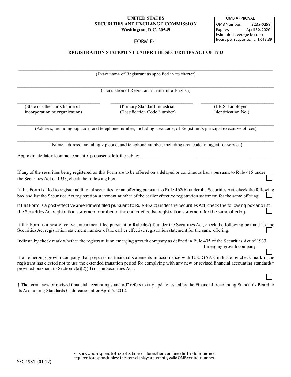 Form F-1 (SEC Form 1981) Registration Statement Under the Securities Act of 1933, Page 1