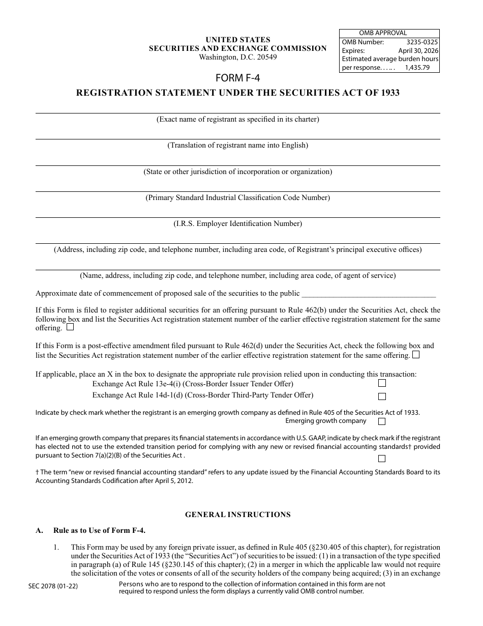 Form F-4 (SEC Form 2078) Registration Statement Under the Securities Act of 1933, Page 1