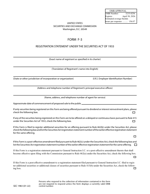 Form F-3 (SEC Form 1983)  Printable Pdf