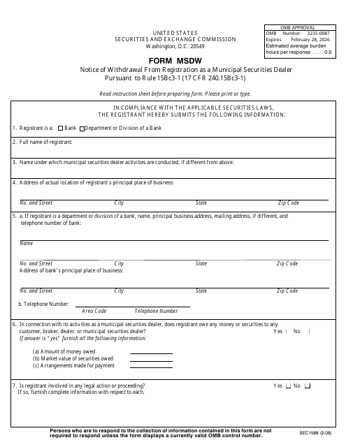 Form MSDW (SEC Form 1588)  Printable Pdf