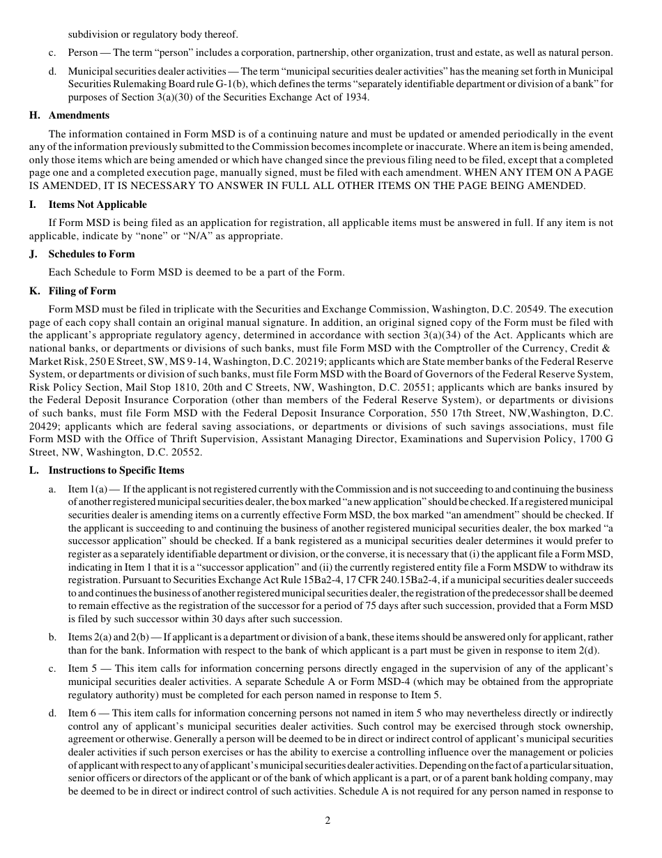 Form MSD (SEC Form 1534) Application for Registration as a Municipal Securities Dealer Pursuant to Rule 15ba2-1 Under the Securities Exchange Act of 1934 or Amendment to Such Application, Page 2