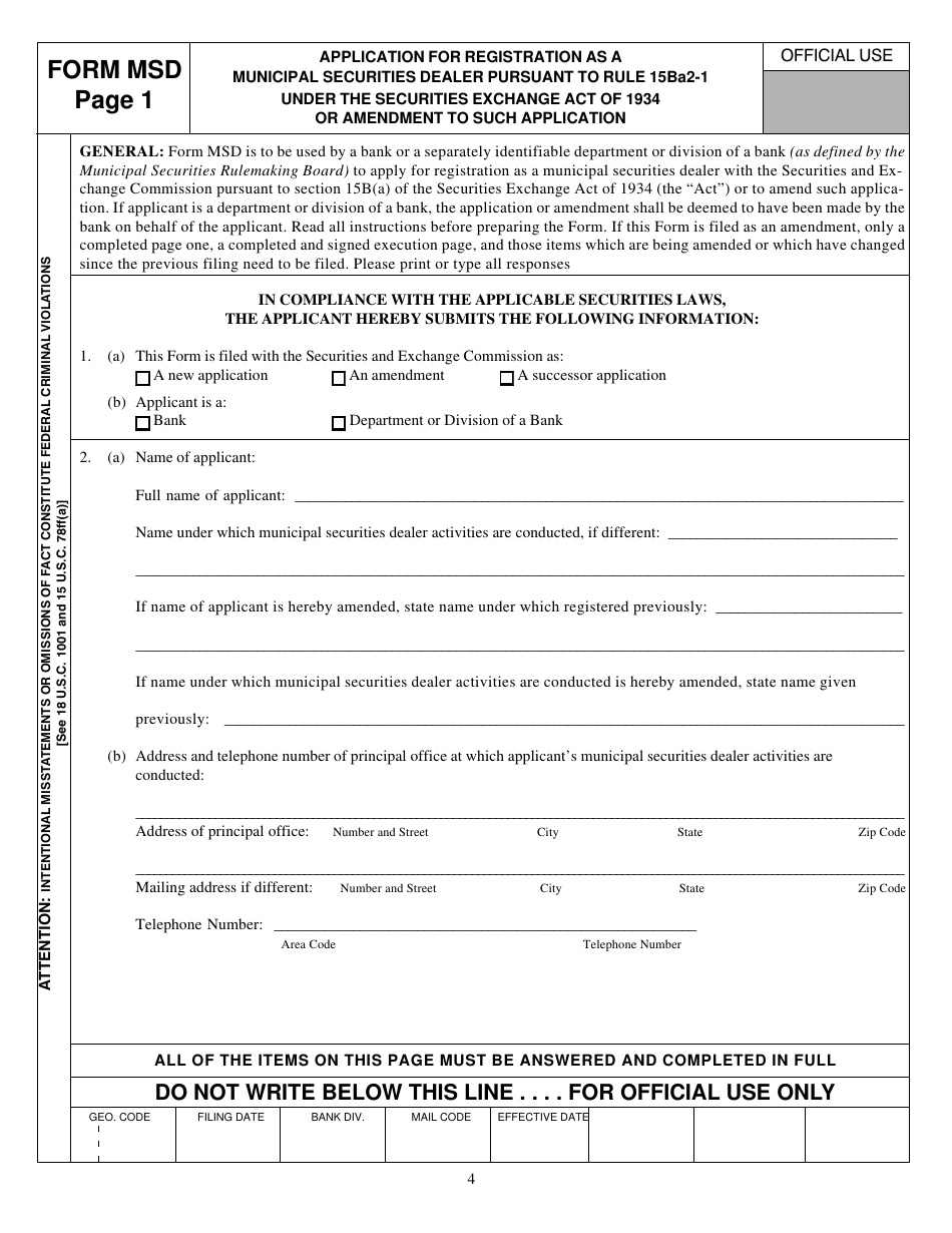 Form MSD (SEC Form 1534) Application for Registration as a Municipal Securities Dealer Pursuant to Rule 15ba2-1 Under the Securities Exchange Act of 1934 or Amendment to Such Application, Page 4