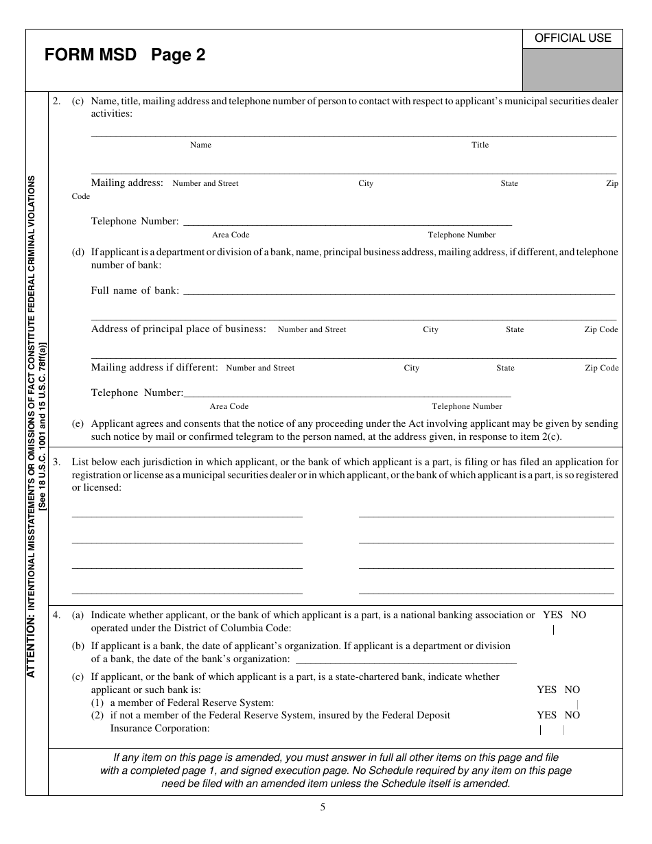 Form MSD (SEC Form 1534) Application for Registration as a Municipal Securities Dealer Pursuant to Rule 15ba2-1 Under the Securities Exchange Act of 1934 or Amendment to Such Application, Page 5