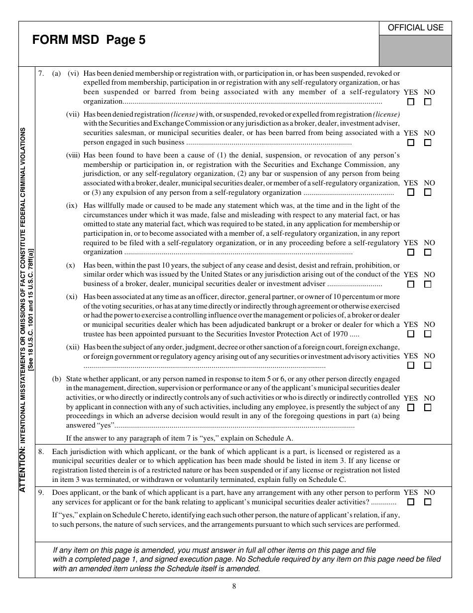 Form MSD (SEC Form 1534) Application for Registration as a Municipal Securities Dealer Pursuant to Rule 15ba2-1 Under the Securities Exchange Act of 1934 or Amendment to Such Application, Page 8