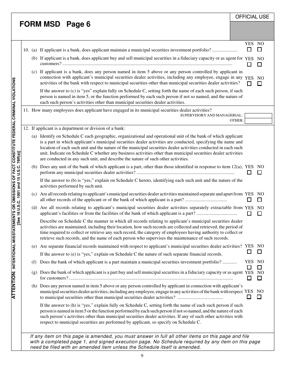 Form MSD (SEC Form 1534) Application for Registration as a Municipal Securities Dealer Pursuant to Rule 15ba2-1 Under the Securities Exchange Act of 1934 or Amendment to Such Application, Page 9