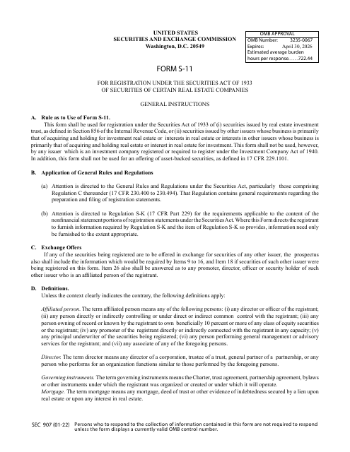 Form S-11 (SEC Form 907)  Printable Pdf