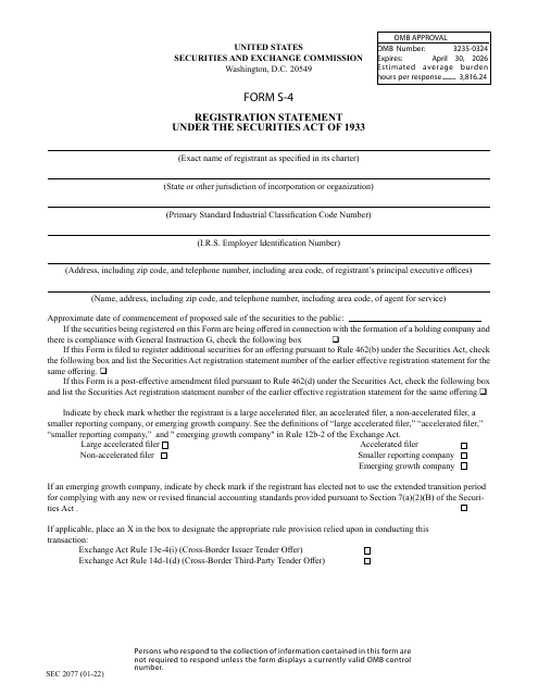 Form S-4 (SEC Form 2077)  Printable Pdf