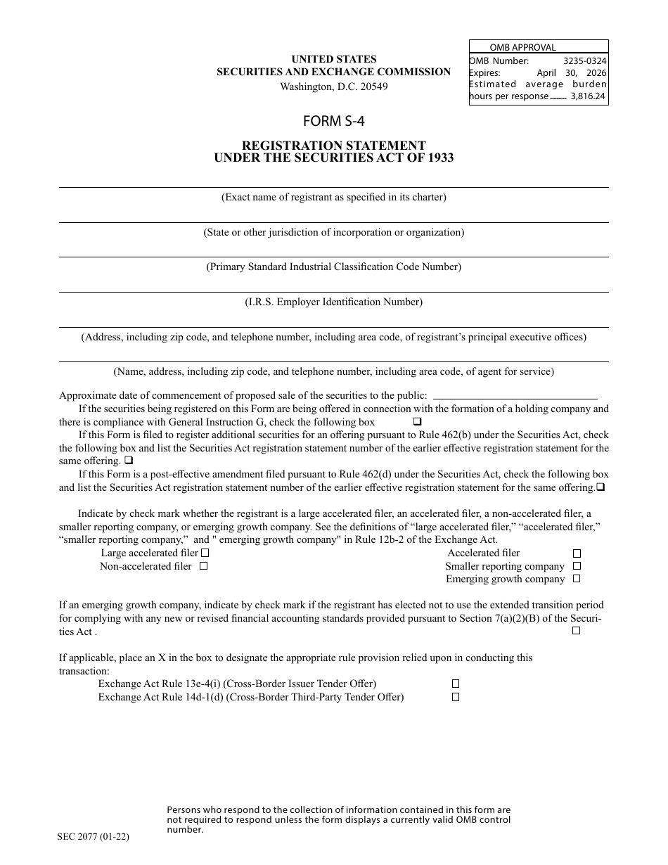 Form S-4 (SEC Form 2077) Registration Statement Under the Securities Act of 1933, Page 1