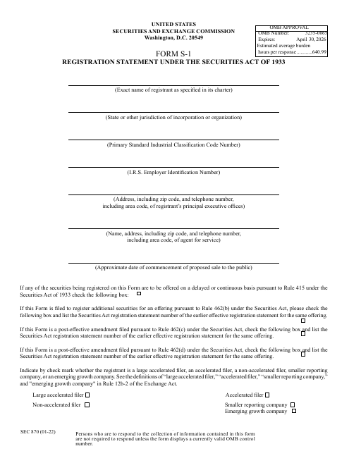 Form S-1 (SEC Form 870) Registration Statement Under the Securities Act of 1933