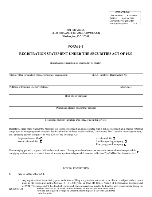 Form S-8 (SEC Form 1398)  Printable Pdf