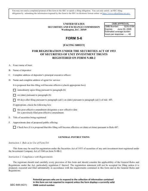 Form S-6 (SEC Form 649)  Printable Pdf
