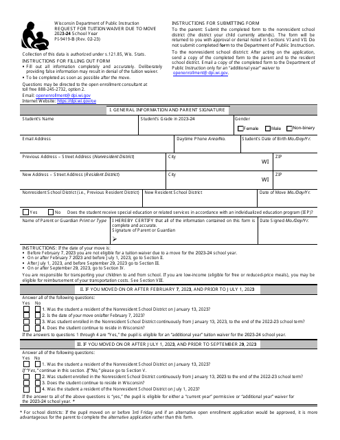 Form PI-9419-B Request for Tuition Waiver Due to Move - Wisconsin, 2024
