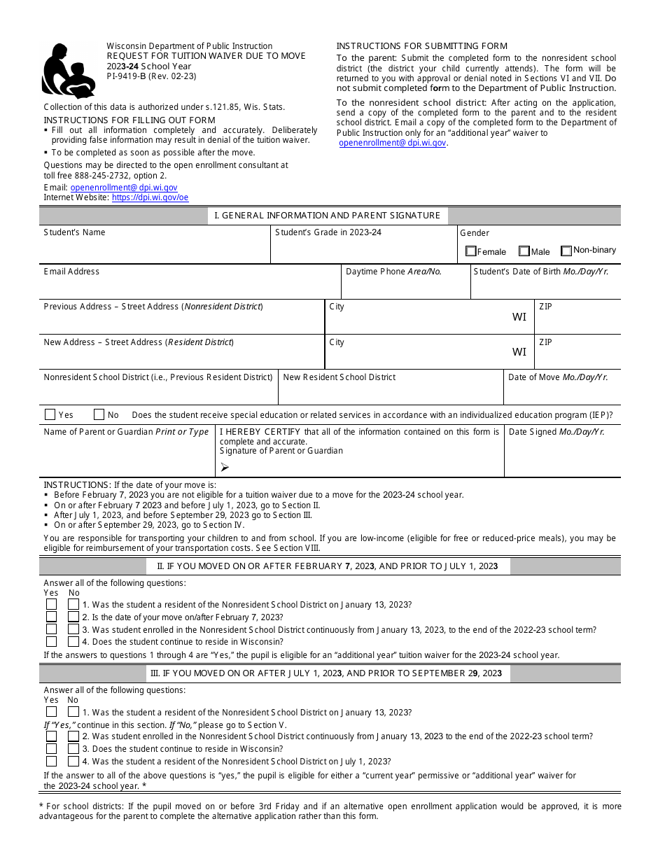 Form PI-9419-B Request for Tuition Waiver Due to Move - Wisconsin, Page 1
