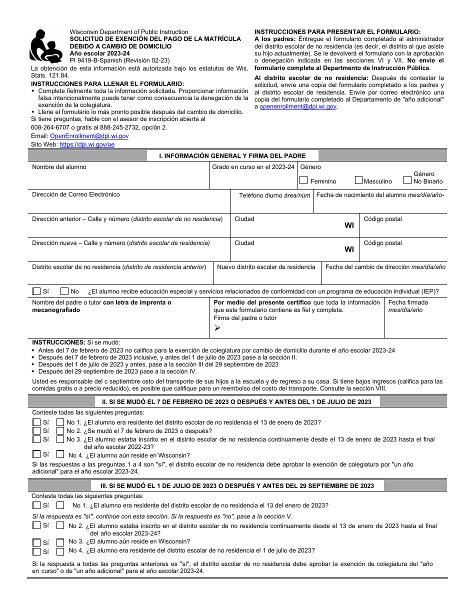 Formulario PI9419-B Solicitud De Exencion Del Pago De La Matricula Debido a Cambio De Domicilio - Wisconsin (Spanish), Page 1