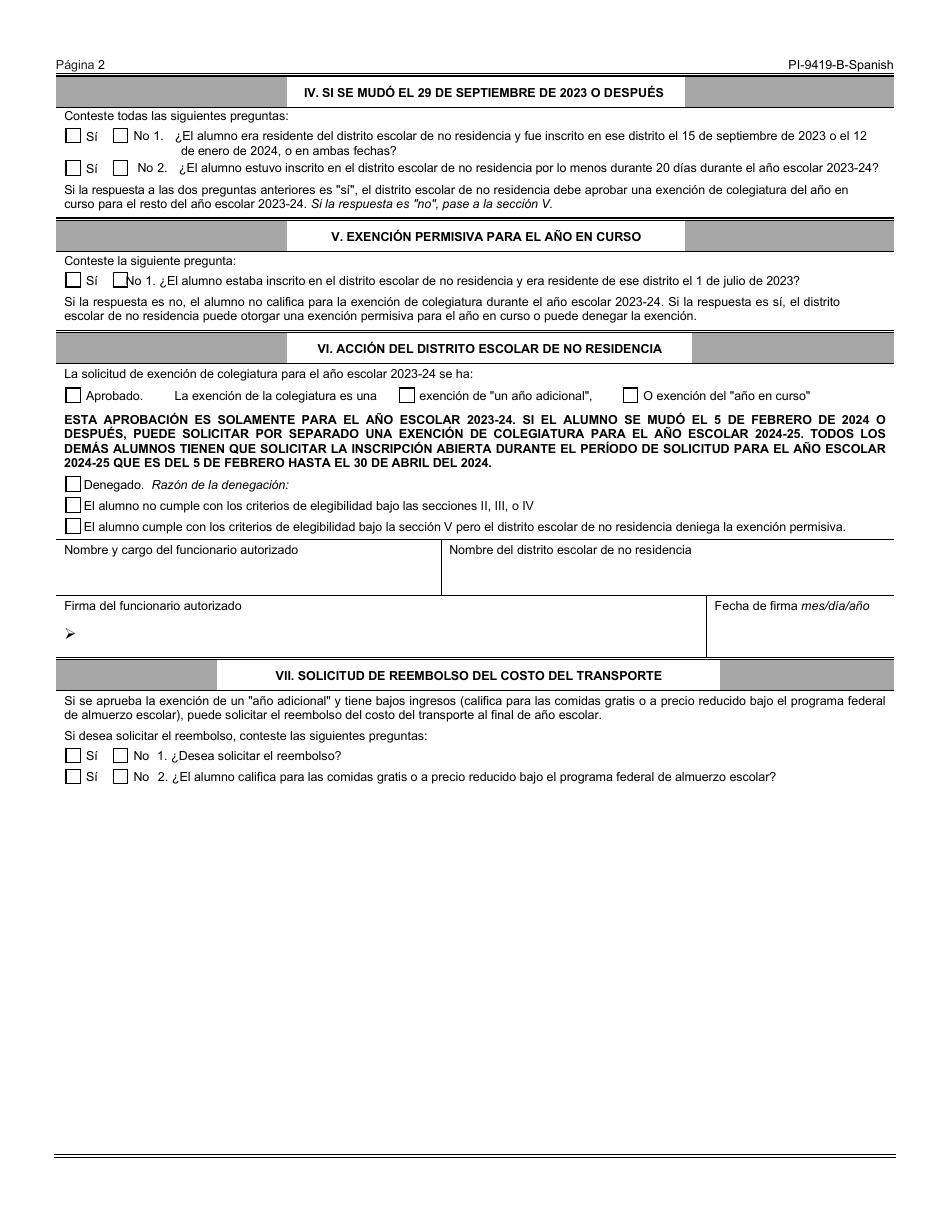 Formulario PI9419-B Solicitud De Exencion Del Pago De La Matricula Debido a Cambio De Domicilio - Wisconsin (Spanish), Page 2