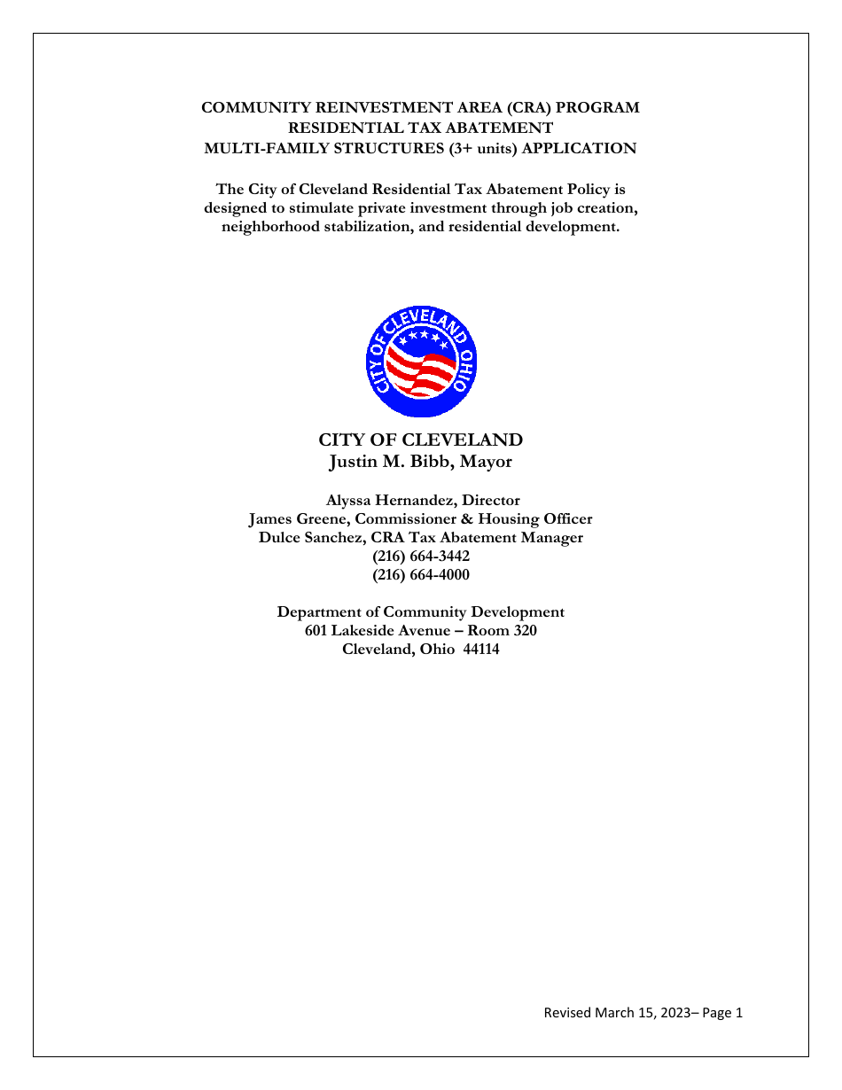 City of Cleveland, Ohio Residential Tax Abatement Multifamily Structure