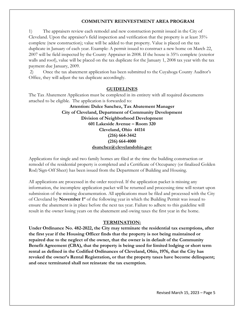 Residential Tax Abatement Single and Two Family Structure Application - City of Cleveland, Ohio, Page 5