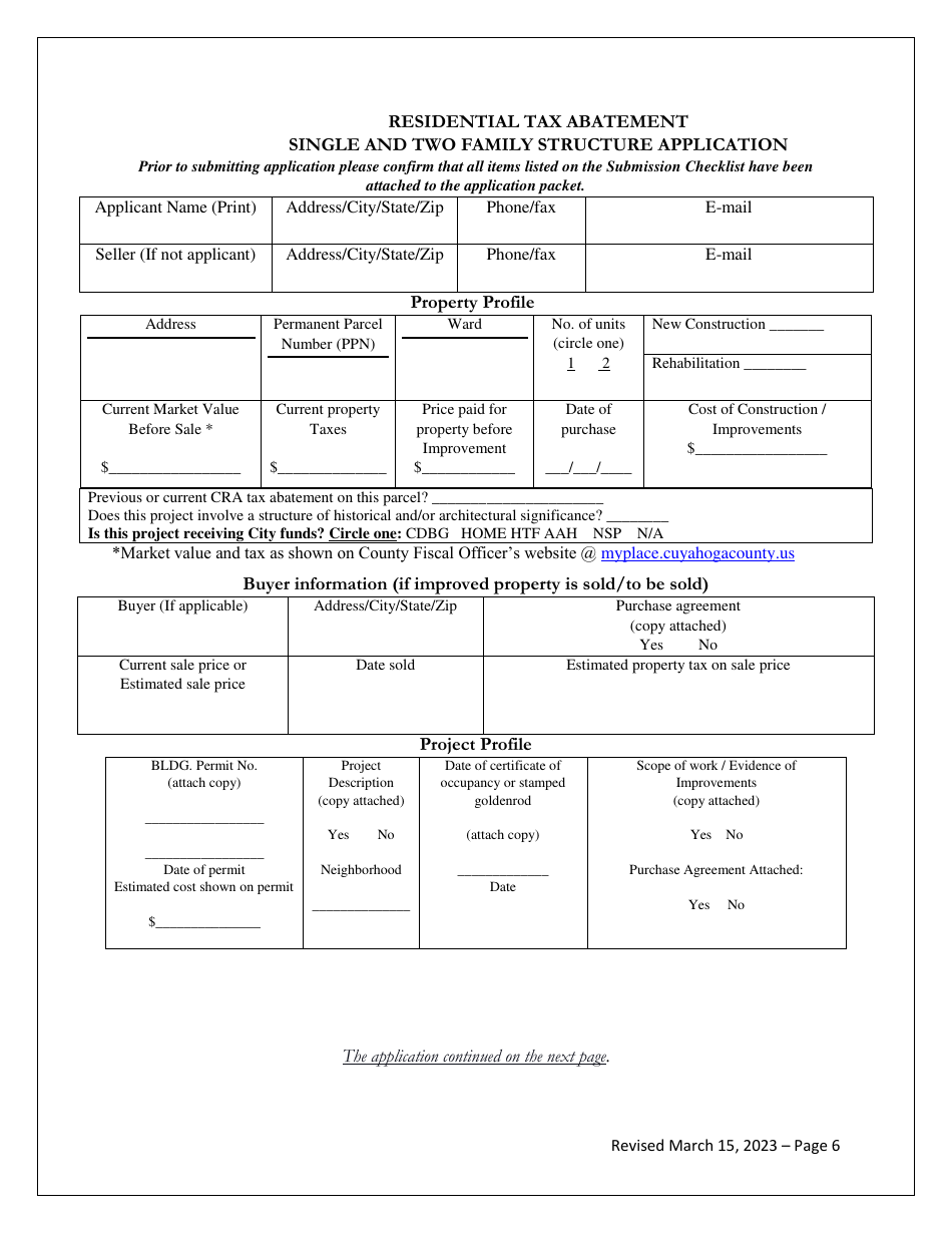 Residential Tax Abatement Single and Two Family Structure Application - City of Cleveland, Ohio, Page 6