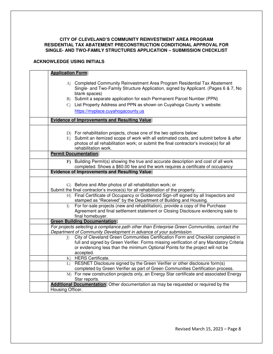 Residential Tax Abatement Single and Two Family Structure Application - City of Cleveland, Ohio, Page 8