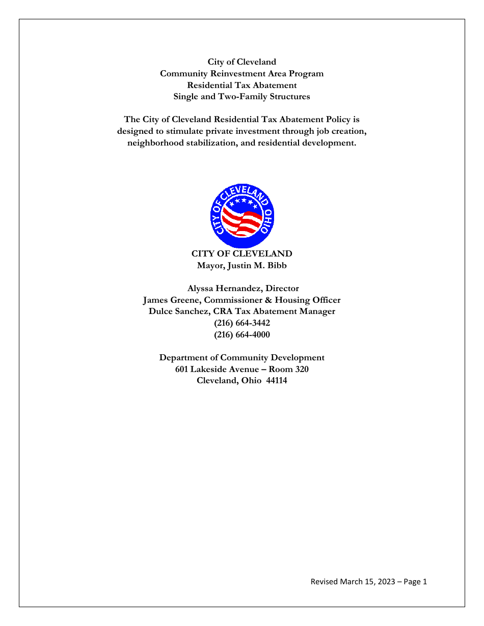 City of Cleveland, Ohio Residential Tax Abatement Single and Two Family
