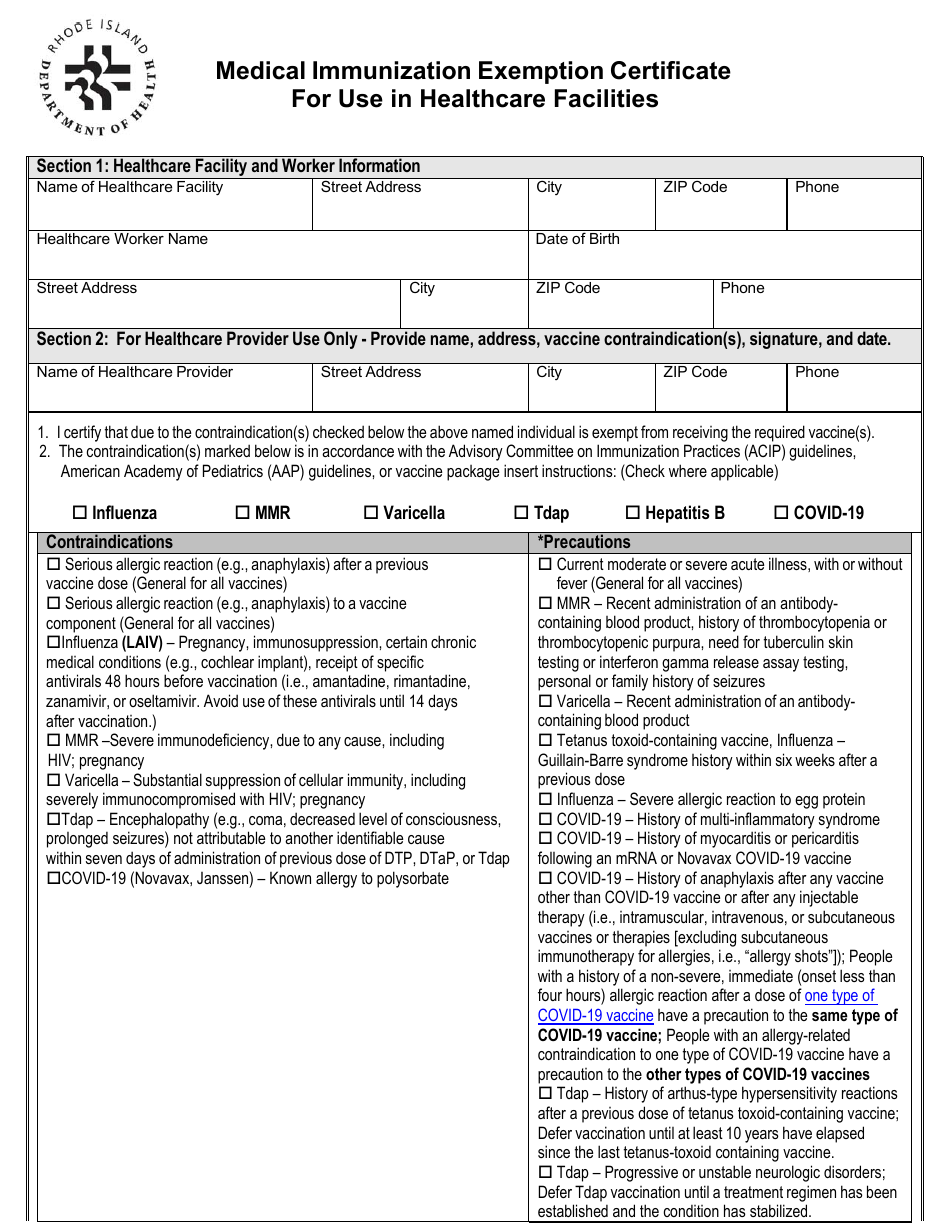 Rhode Island Medical Immunization Exemption Certificate for Use in