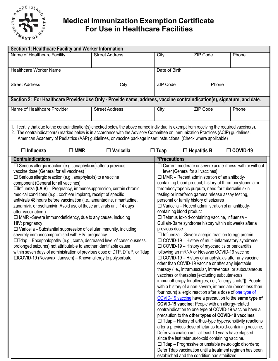 Medical Immunization Exemption Certificate for Use in Healthcare Facilities - Rhode Island, Page 1